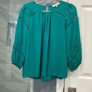 LOFT Women's Loose Flowy Green Blouse w/ Pleat Round Collar, Size MP